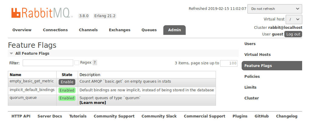 Feature flags page on the Management Plugin User Interface, access this page by selecting Admin (which is a tab) and then Feature Flags (which is a menu option).